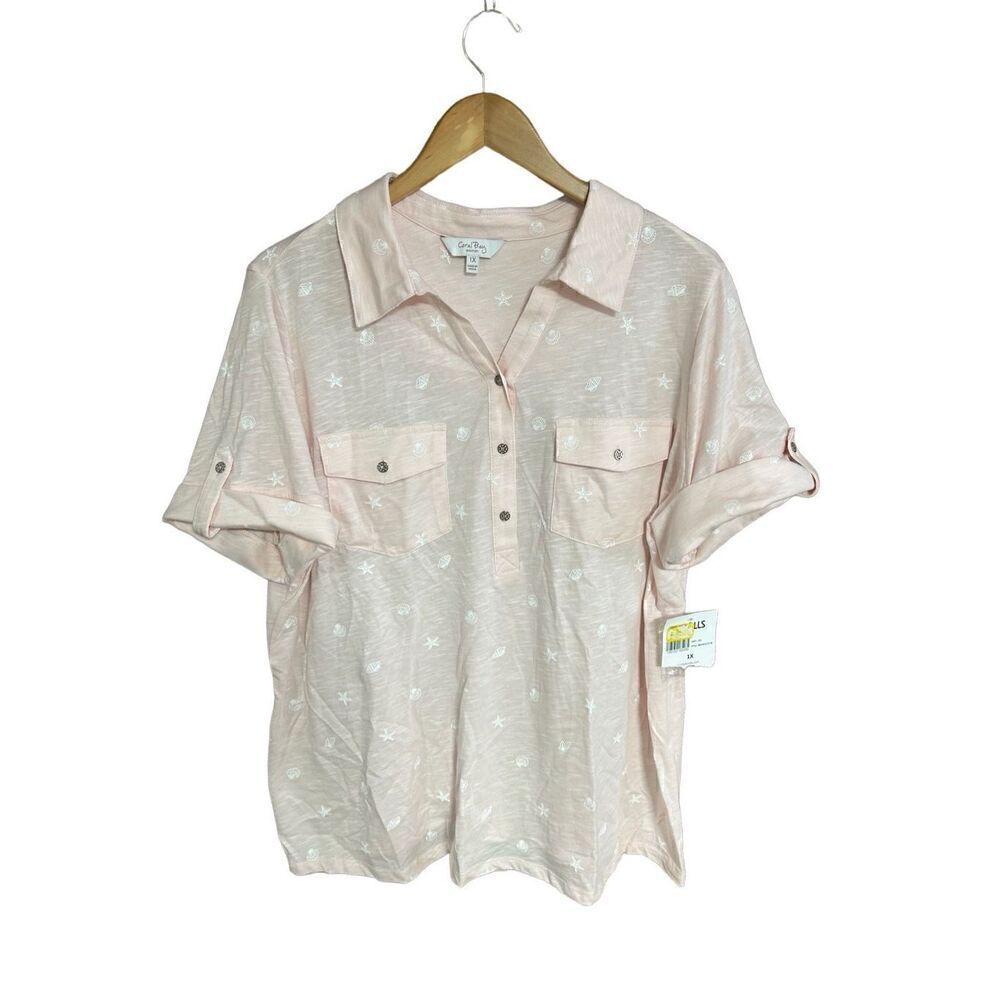 Coral Bay Woman 1X NWT Tropical Print Light Weight Light Pink and White Polo